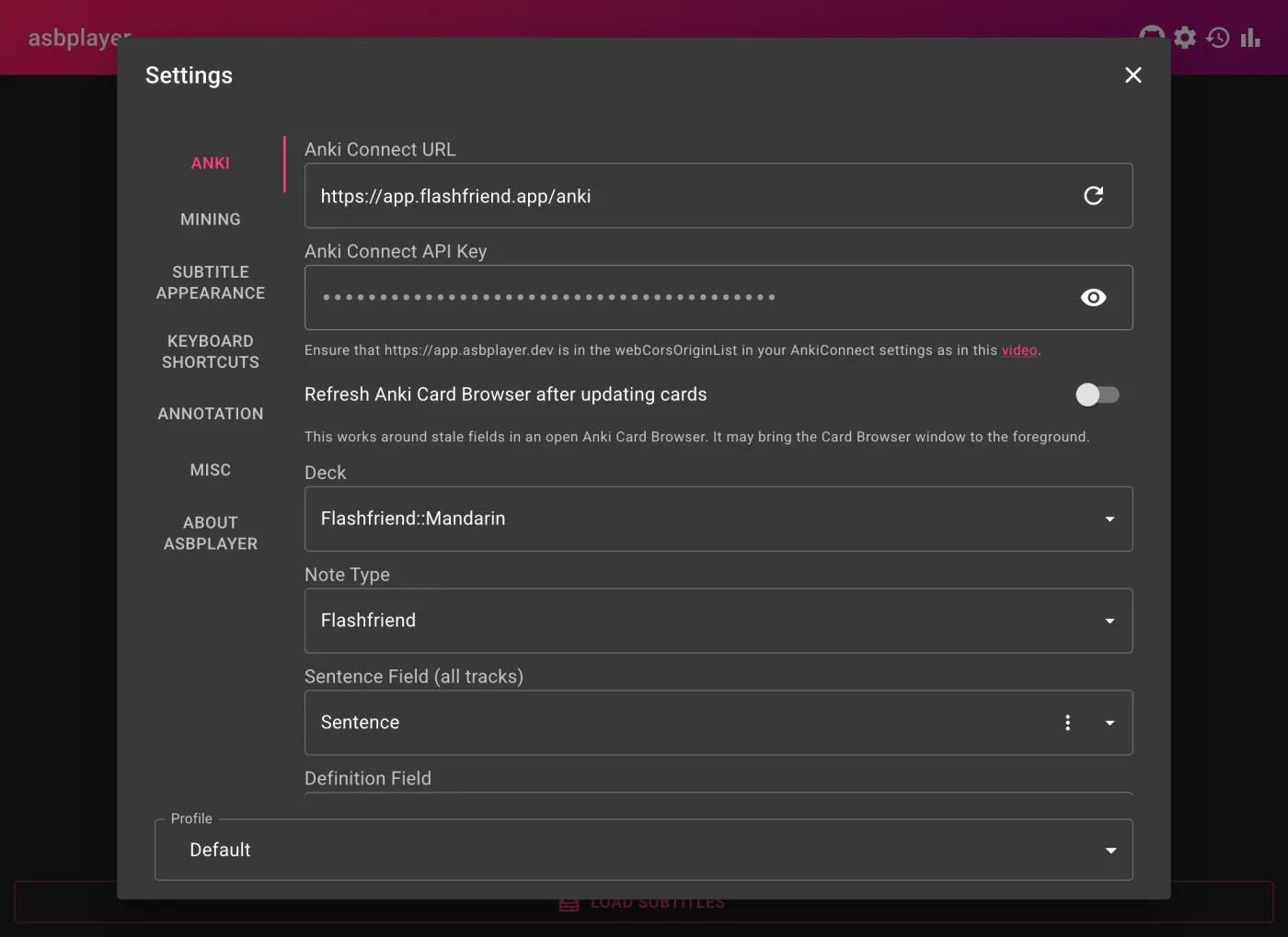 asbplayer’s Anki settings, pointing at Flashfriend