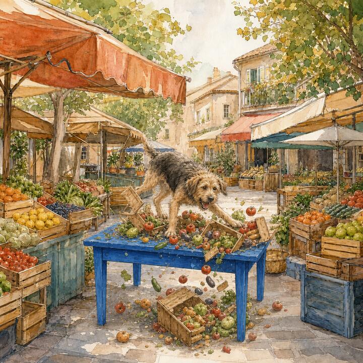 Watercolour: a scruffy dog on a bright blue market table, sending fruit and vegetables flying
