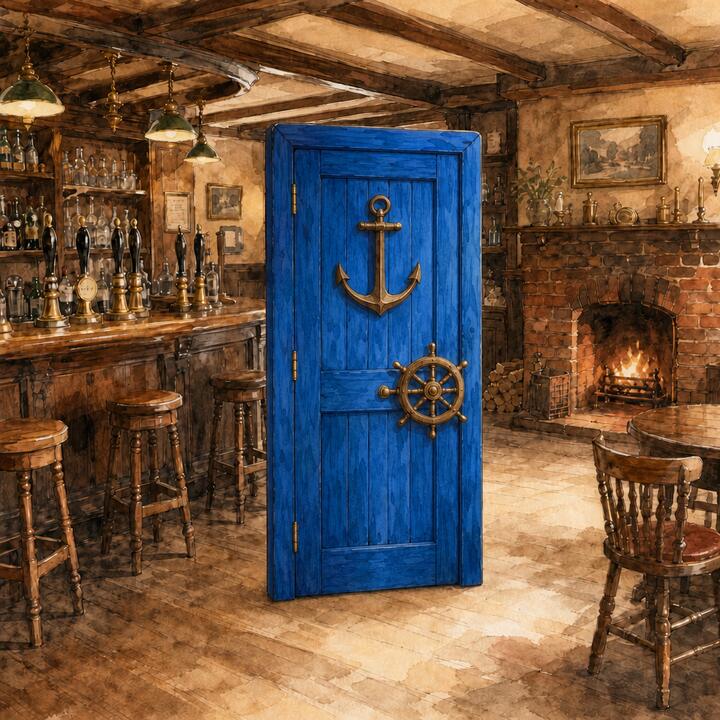 Watercolour: a bright blue door with a ship’s anchor and wheel on it, standing in a cosy old pub