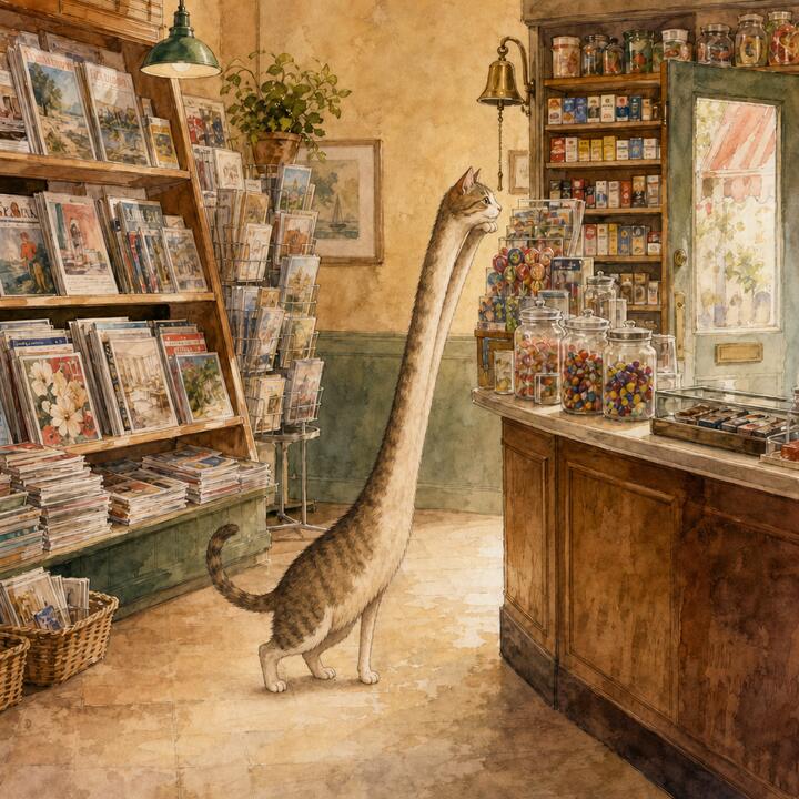 Watercolour: a tabby cat stretching an impossibly long neck up past the sweet jars in a corner newsagent