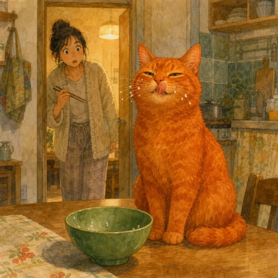 Watercolour: a smug orange-red cat licks its lips beside an empty green rice bowl as its owner stares from the doorway holding chopsticks