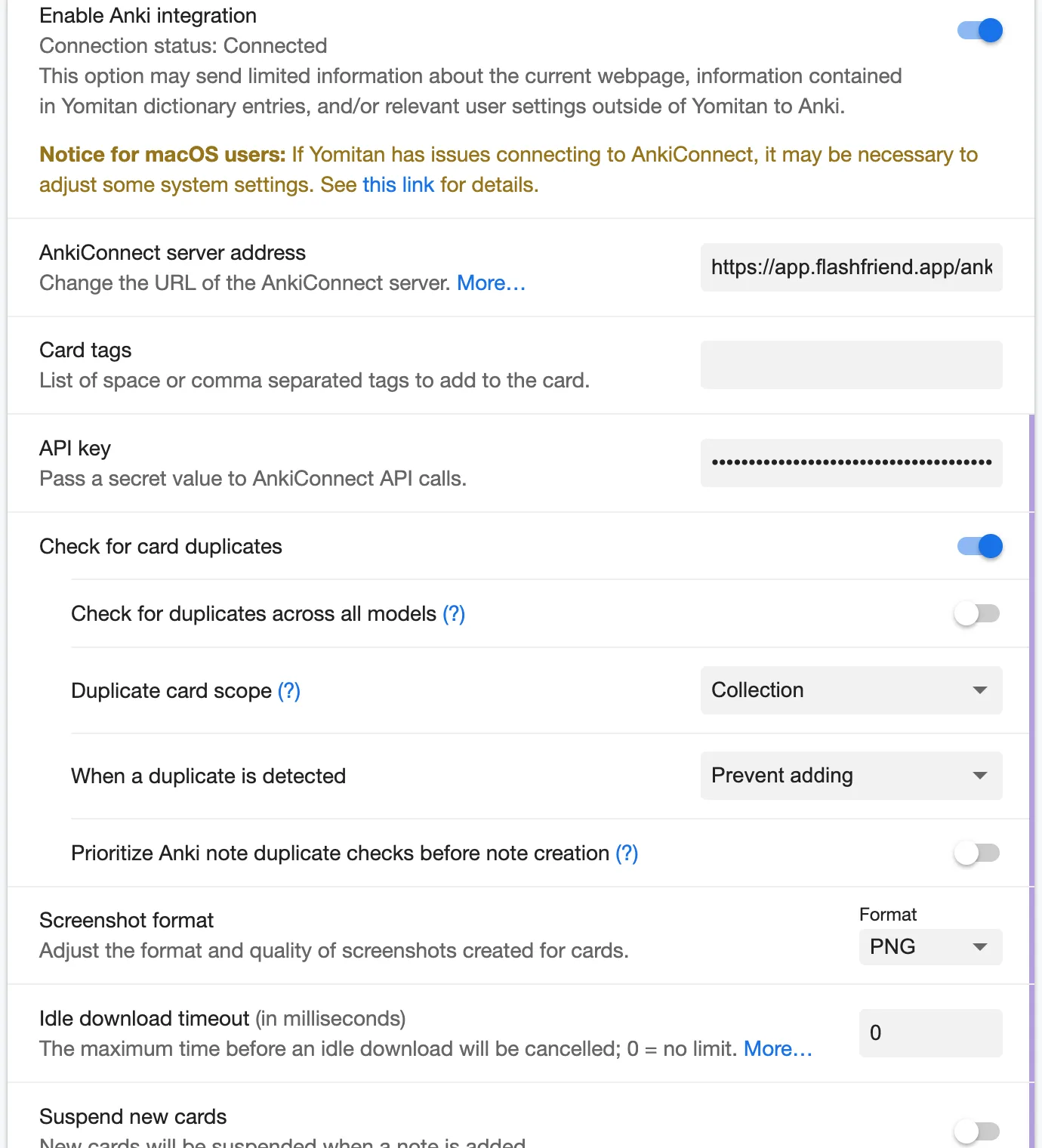 Yomitan’s Anki settings, connected to Flashfriend