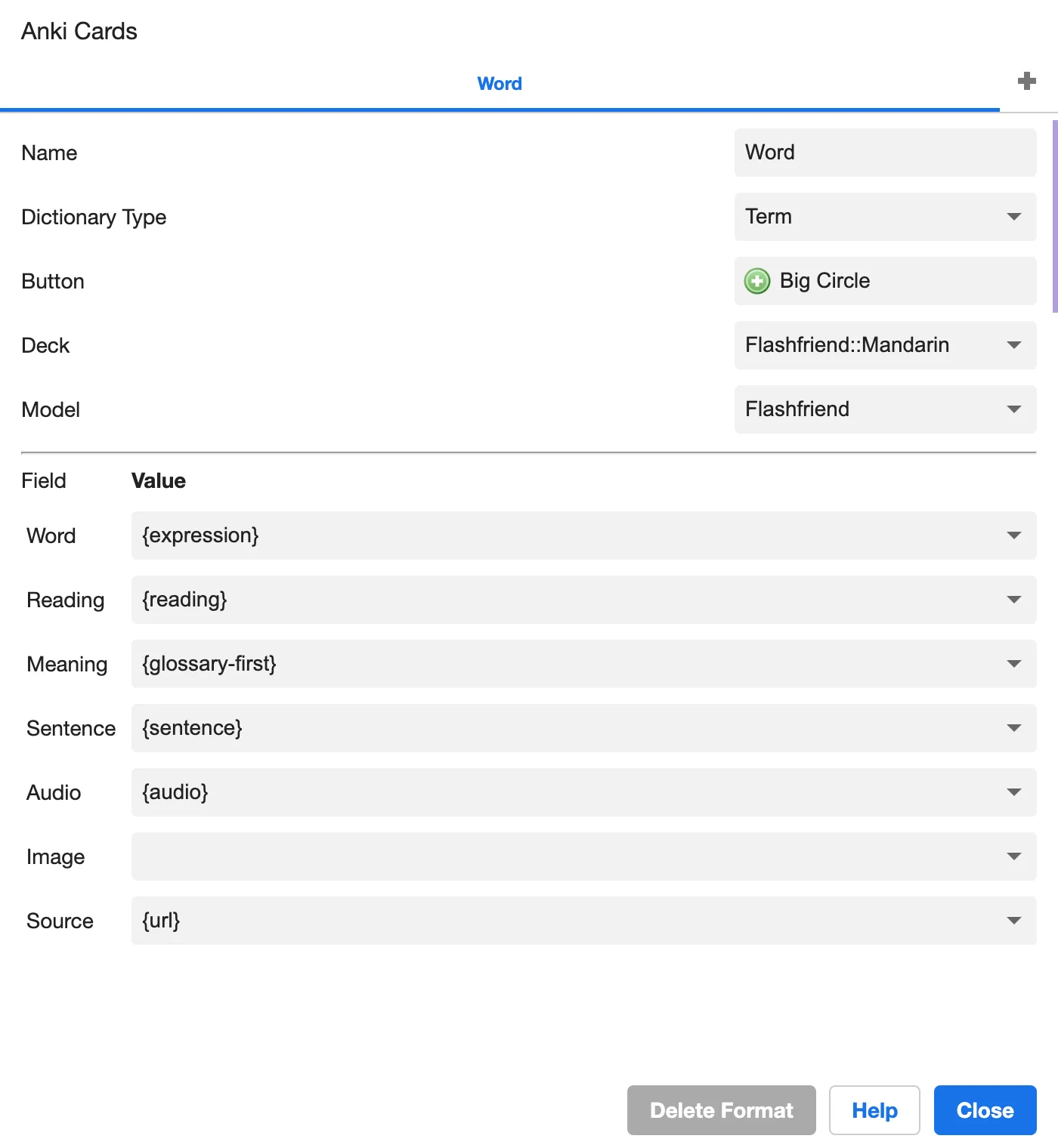 Yomitan’s flashcard settings for Flashfriend