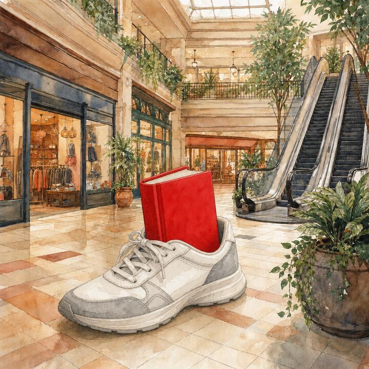 Watercolour: a red hardback book stuffed into a giant white trainer in the middle of a shopping centre